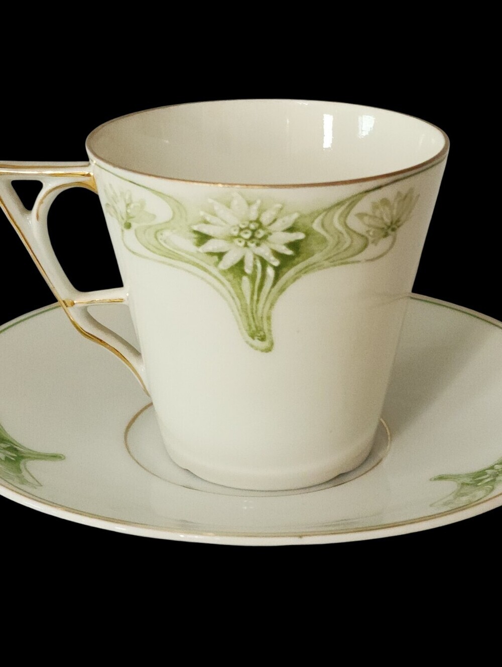 Vintage Furstenberg Teacup & Saucer Germany Art Deco Style Green Floral Gold